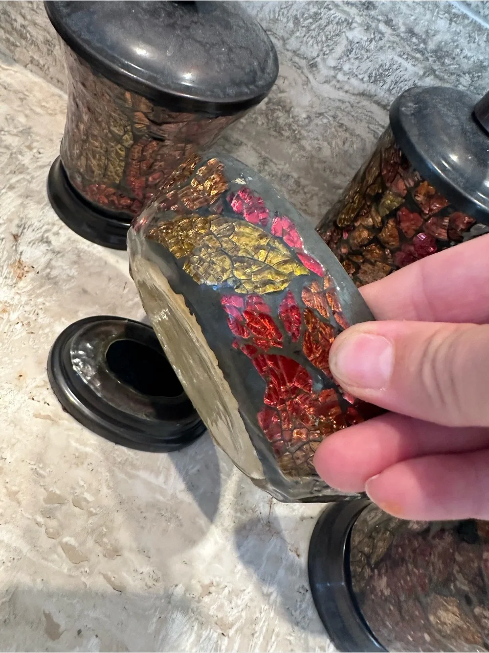 Decorative Yellow and Red Mosaic Bathroom Accessory Set Lot of 6 items